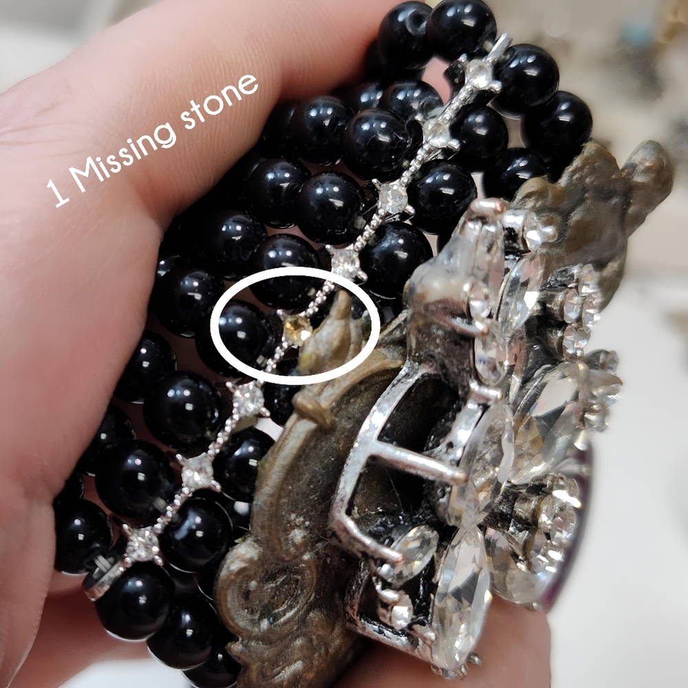 Upcycled Hand Crafted Extra Wide Black Bead Rhinestone Brass Cherub Bracelet - Picture 7 of 13